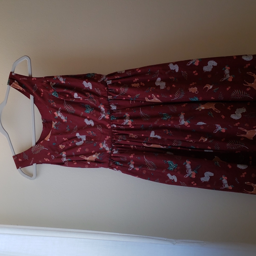 Burgundy Modcloth Optimistic Effect woodland print dress